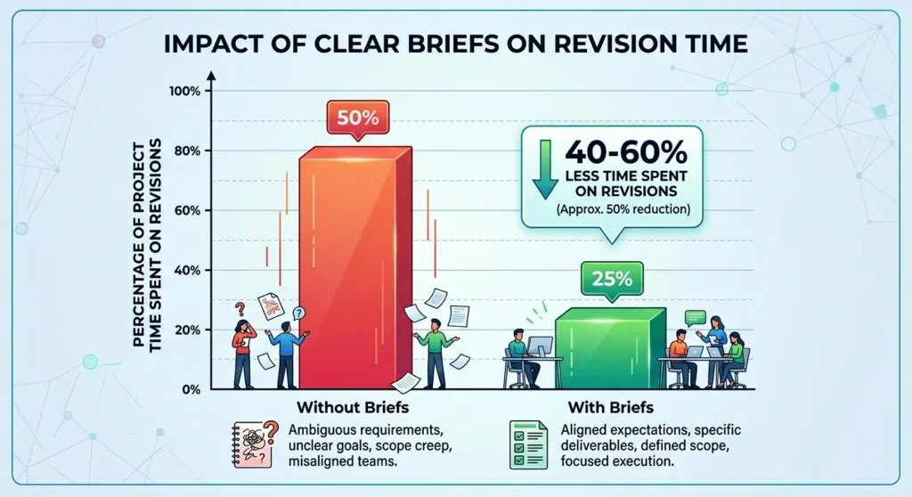 Bar chart showing the 40 to 60 percent reduction in revision cycles when using content briefs.