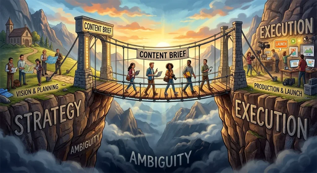Conceptual illustration of a content brief acting as a bridge between strategy and execution over a canyon of ambiguity.