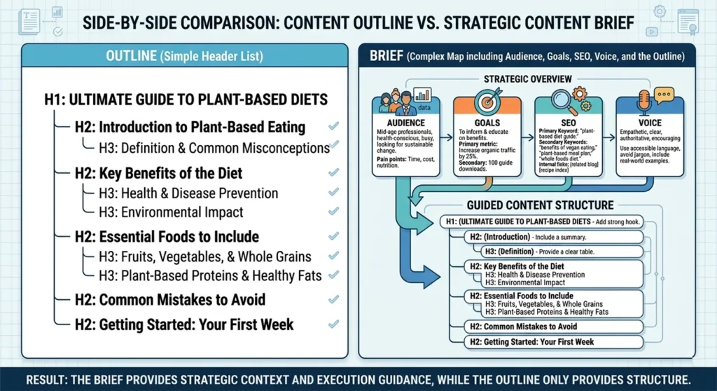 Comparison diagram showing the difference between a simple content outline and a comprehensive strategic content brief.