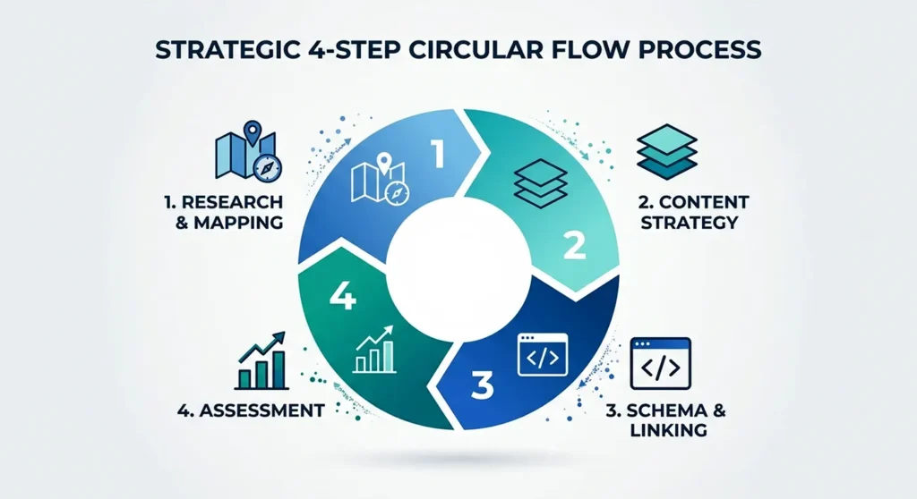What Is Entity-Based SEO? Complete Guide to Entity Optimization A circular flow diagram showing the four phases of entity optimization: Research & Mapping, Cluster Building, Schema Implementation, and Performance Assessment.