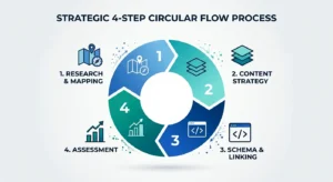 A circular flow diagram showing the four phases of entity optimization: Research & Mapping, Cluster Building, Schema Implementation, and Performance Assessment.