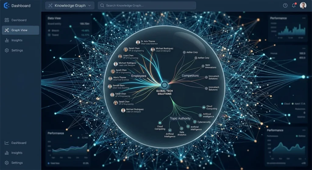 A futuristic digital interface showing a portion of the Knowledge Graph, with 1.6 trillion facts represented as a complex, glowing neural network.