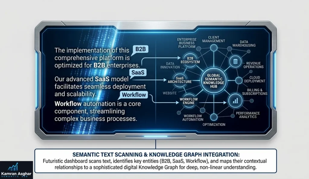 A visualization of a search engine’s NLP (Natural Language Processing) model analyzing a paragraph of text and extracting specific entities and relationships.
