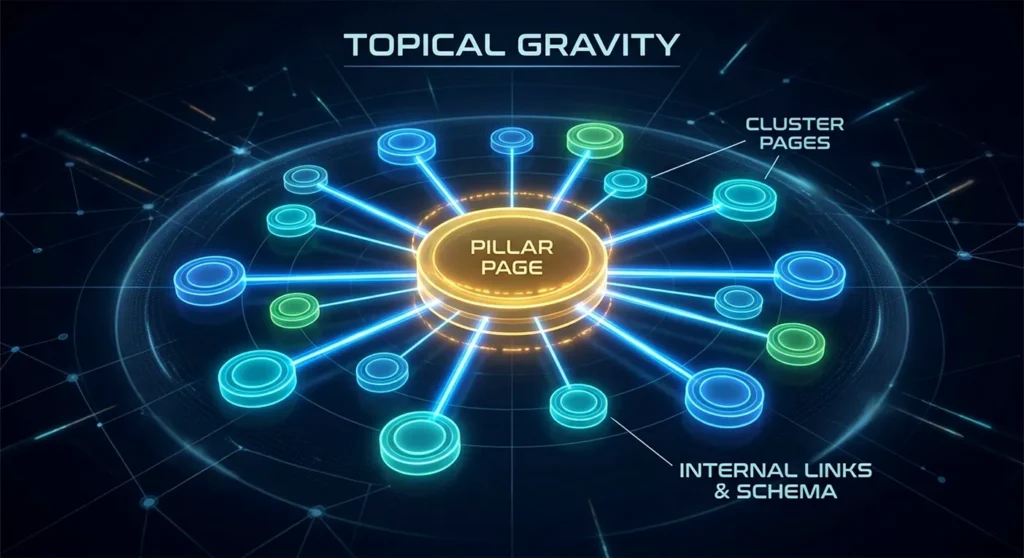 A diagram showing a central Pillar Page acting as a gravitational center, pulling in related Cluster Pages through internal links and schema markup.