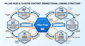 A technical infographic of the pillar-cluster model, showing a central pillar page connected via bidirectional internal links to multiple specific cluster content pages to build topical authority.
