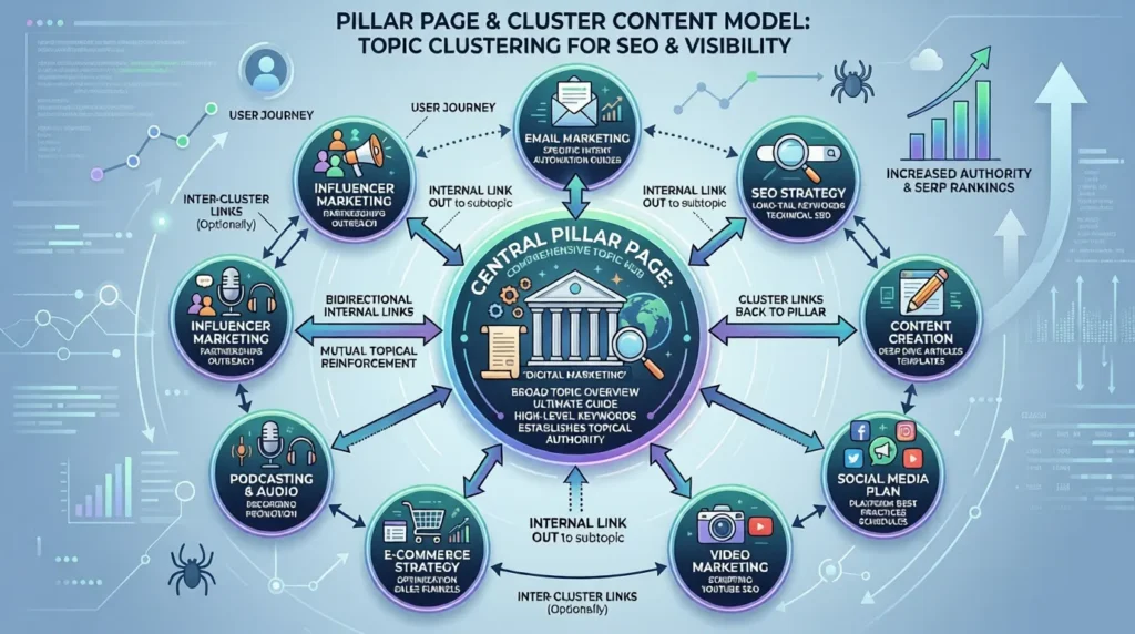 Infographic of the Pillar-Cluster content model showing internal linking relationships.