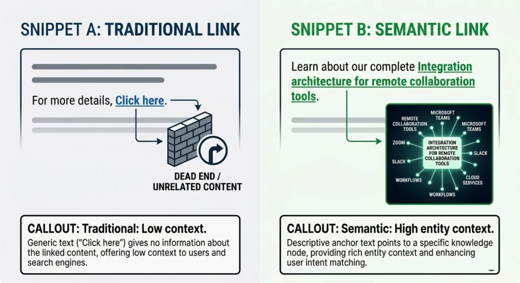 A comparison showing a link labeled "Click Here" versus a link labeled "Asynchronous Project Management for Distributed Teams," illustrating the semantic value difference.