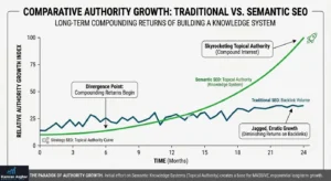 A chart showing two lines: one for Traditional SEO (flat, linear growth) and one for Semantic SEO (exponential, compounding growth).