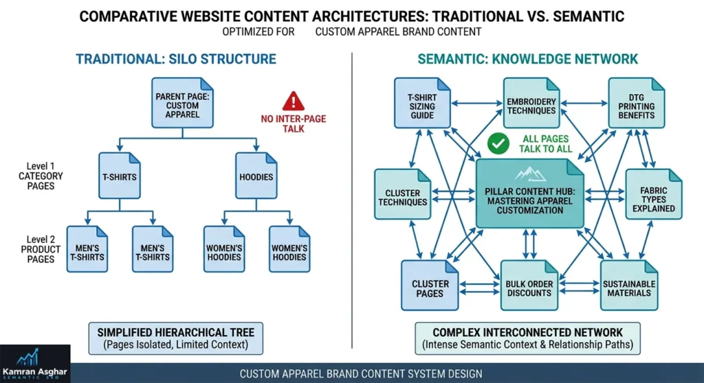 An infographic showing a central pillar page linked to various cluster pages in a hub-and-spoke model, contrasted with a flat, disconnected silo of pages.