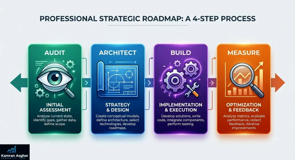 A 4-stage roadmap timeline: 1. Audit & Map, 2. Architect the Network, 3. Build with Structure, 4. Measure & Expand.