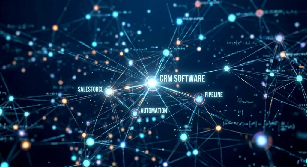 A 3D visualization of semantic vector space where related concepts like "CRM," "Salesforce," and "Automation" are clustered together like stars in a constellation.