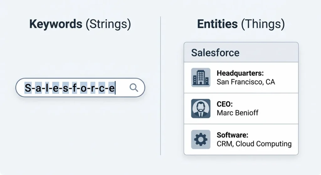 A side-by-side comparison showing "Keyword SEO" as a literal string of characters and "Entity SEO" as a structured box of data with attributes like "Founder," "Location," and "Product."
