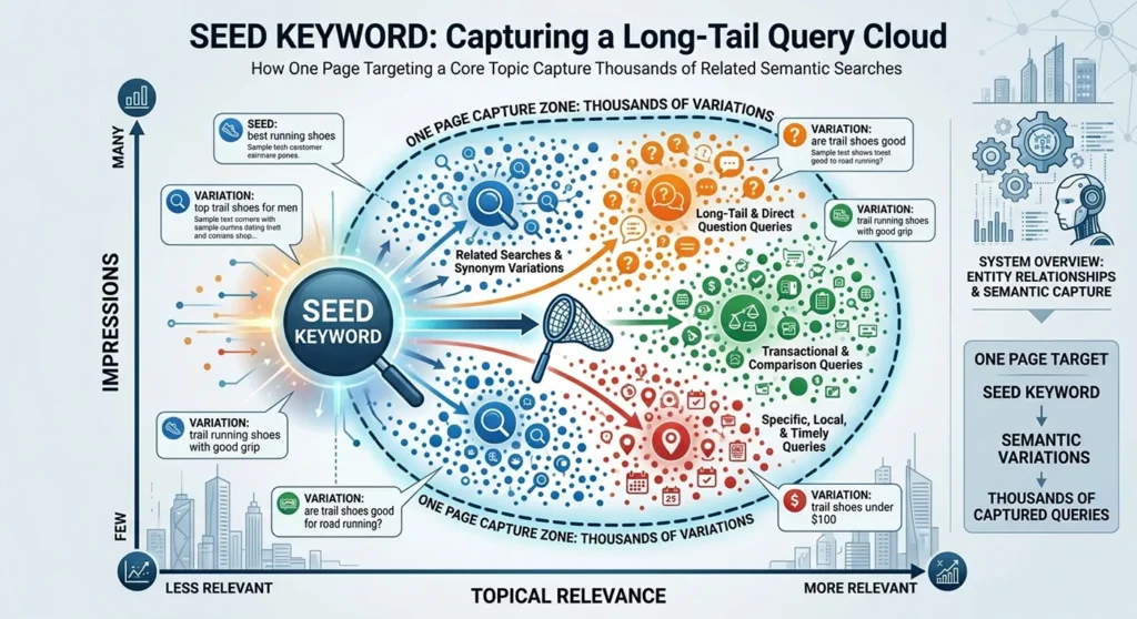 A scatter plot visualization showing how a single pillar page expands its search visibility into a cloud of thousands of related long-tail semantic queries and adjacent entities.