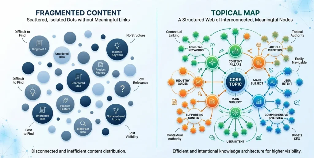 Diagram comparing scattered content pieces to a structured interconnected topical map network.