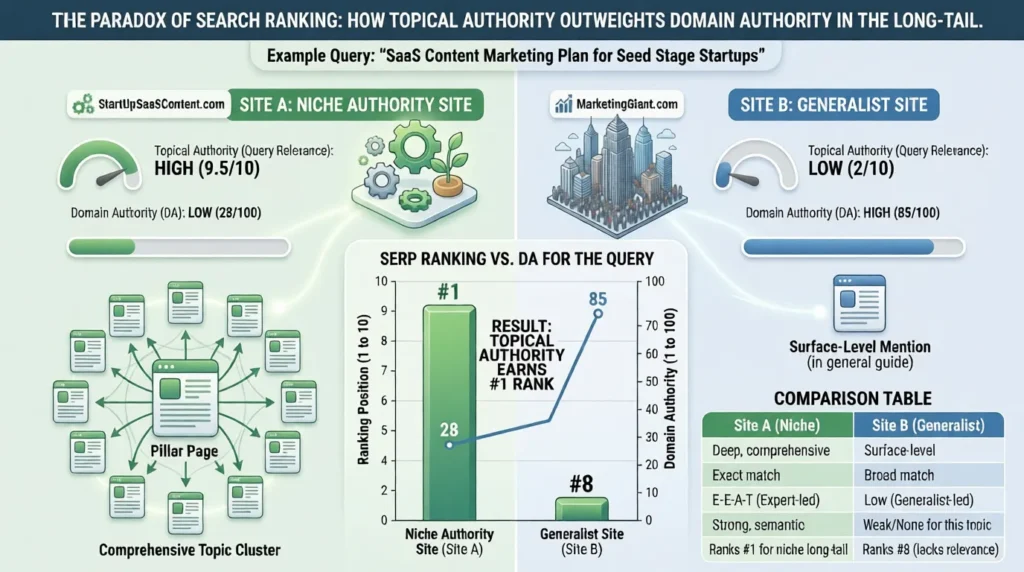 Comparison chart showing how niche topical depth beats general domain breadth.