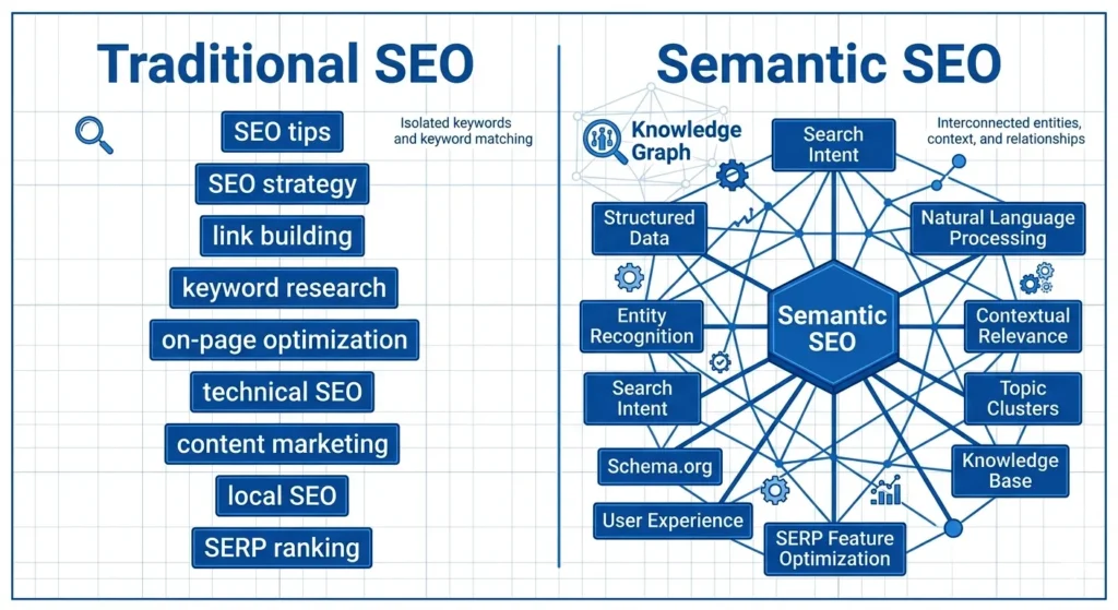 A comparison diagram showing traditional linear keyword lists on the left versus a multidimensional semantic knowledge graph with interconnected entity nodes on the right.